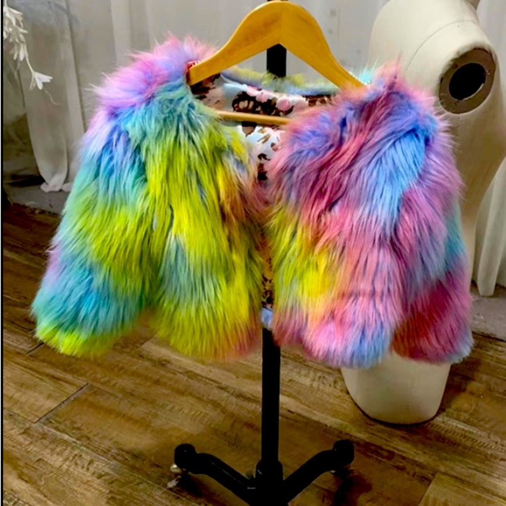NWT Ivy Rock Rainbow Faux Fur Jacket in Cotton Candy (Adult Sizing)